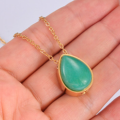 Зеленый Авантюрин Натуральный зеленый авантюрин каплевидная урна пепел кулон ожерелье, мемориальные украшения из нержавеющей стали для женщин, золотые, 19.69 дюйм (50 см)