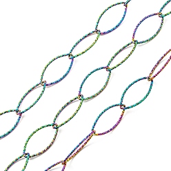 Rainbow Color Ion Plating(IP) 304 Stainless Steel Textured Horse Eye Link Chains, Soldered, with Spool, Rainbow Color, 20x10x1mm, about 16.40 Feet(5m)/Roll