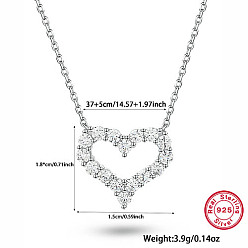 Platinum 925 Sterling Silver Heart Shape Pendant Necklaces for Women, with Clear Cubic Zirconia, Platinum, 14-5/8 inch(37cm)