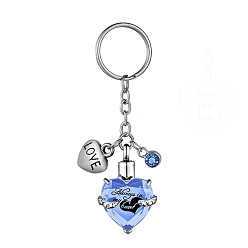 Cornflower Blue Stainless Steel Keychain, with Urn Ashes and Wing Pendant, Cornflower Blue, Pendant: 2.5x2.1cm