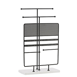 Black Rectangle Iron Jewelry Display Tower Stands with Marble Base, Jewelry Organizer Holder for Earrings, Bracelet, Necklace Storage, Black, 22.5x10x38cm