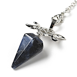 Sodalite Gemstone Hexagonal Pointed Dowsing Pendulums, with Platinum Tone Brass Findings and Chains, Cadmium Free & Lead Free, Cone with Triple Moon, 230~250mm, pendant: 50~54x26x15~16.5mm, Hole: 1.8x2.2mm