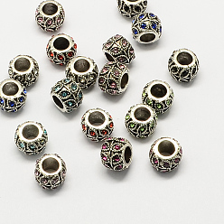 Mixed Color Alloy Rhinestone European Beads, Rondelle Large Hole Beads, Antique Silver, Mixed Color, 10x7.5mm, Hole: 5mm