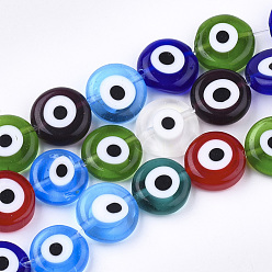 Mixed Color Handmade Evil Eye Lampwork Beads Strands, Flat Round, Mixed Color, 11~13x4~5mm, Hole: 1.2mm, about 31~33pcs/strand, 14.1 inch~15.3 inch
