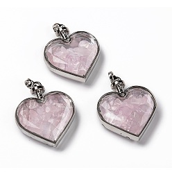 Rose Quartz Glass Bottle Pendants, with Natural Rose Quartz Chips and Platinum Plated Alloy Findings, Heart, 40x32.5x11mm, Hole: 8x5mm