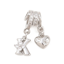 Letter K Латунные микропаве прозрачные подвески с фианитом, сердце прелести, долговечный, стойки покрытие, без кадмия и без свинца, платина, Письмо K, 23.5 мм, отверстия : 3 mm и 4 мм, Сердце: 8.5x8x3.5 mm, Письмо: 10x9x3.5 мм