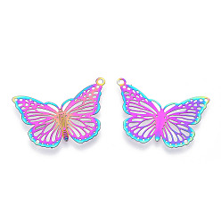 Rainbow Color Ion Plating(IP) 304 Stainless Steel Filigree Pendants, Etched Metal Embellishments, Butterfly Charm, Rainbow Color, 18.5x26x0.3mm, Hole: 1.2mm