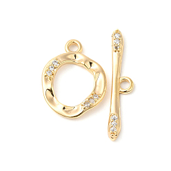 Real 18K Gold Plated Brass Micro Pave Clear Cubic Zirconia Toggle Clasps, Irregular Ring, Real 18K Gold Plated, Ring: 17.5x13x2.5mm, Hole: 1.8mm, Bar: 24.5x5x2mm, Hole: 1.8mm