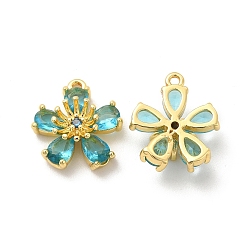 Бледно-бирюзовый Настоящие 18 k позолоченные латунные подвески с микропаве и кубическим цирконием, со стеклом, долговечный, без кадмия и без свинца, цветочный шарм, бледные бирюзовая, 17x15x6.5 мм, отверстие : 1.5 мм