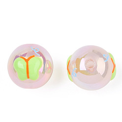 Light Green UV Plating Rainbow Iridescent Acrylic Beads, Hand Drawn Beads, with Enamel, Round with Butterfly, Light Green, 17x16x15.5mm, Hole: 2.8mm