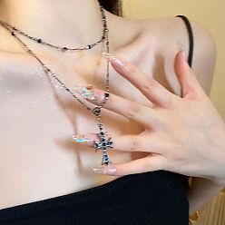 show as picture Cross Pendant Necklace with Dark Black Zircon Beads - Unique Design, Cool and Sweet