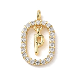 Настоящее золото 18K Латунные микропаве прозрачные подвески с фианитом, овал с буквой п прелести, стойки покрытие, долговечный, без кадмия и без свинца, реальный 18 k позолоченный, 18.5x11x3.8 мм, отверстие : 1.8 мм
