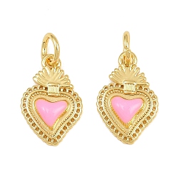 Pink Латунь эмаль подвески, чары священного сердца, реальный 18 k позолоченный, стойки покрытие, долговечный, без кадмия и без свинца, розовые, 14x9x2.5 мм, отверстие : 3.5 мм