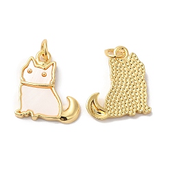 Real 18K Gold Plated Rack Plating Brass Pendants, Cat Shape Charms, with Natural Shell, Long-Lasting Plated, Cadmium Free & Lead Free, Real 18K Gold Plated, 18.5x16x3mm, Hole: 3.4mm