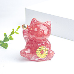 Cherry Quartz Glass Resin Fortune Cat Display Decoration, with Cherry Quartz Glass Chips inside Statues for Home Office Decorations, 55x40x60mm