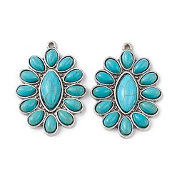 Antique Silver Synthetic Turquoise Pendants, with Alloy Findings, Flower Charms, Antique Silver, 36x20.5x5mm, Hole: 1.5mm