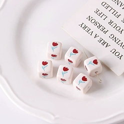 Белый Непрозрачные печатные бусы акриловые, куб с цветочным узором, белые, 14x14x14 мм, отверстие : 3.3 мм