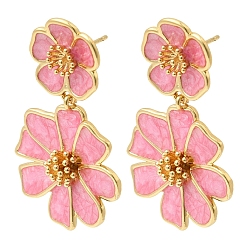 Pink Серьги-гвоздики с цветком из латуни, без кадмия и без свинца, стойки покрытие, долговечный, реальный 18 k позолоченный, розовые, 40.5x24 мм