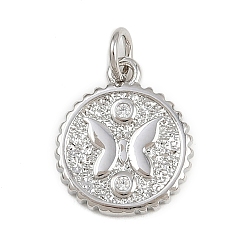 Платина Латунные микро проложить кубического циркония подвески, с целью перехода в кольце, плоский круглый с подвесками в виде бабочек, стойки покрытие, долговечный, без свинца и без кадмия, платина, 15x12.5x2 мм, отверстие : 3 мм