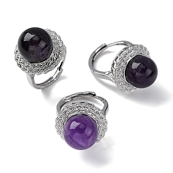 Аметист Натуральный аметист круглые регулируемые кольца для пальцев, платиновое латунное кольцо, стойки покрытие, долговечный, круглый : 21 мм, внутренний диаметр: американский размер 8 1/2 (18.5 мм)