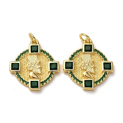 Темно-Зеленый Кулон из циркония, с целью перехода в кольце, плоские круглые прелести, стойки покрытие, долговечный, без свинца и без кадмия, реальный 18 k позолоченный, темно-зеленый, 21x19x2 мм, отверстие : 3.5 мм