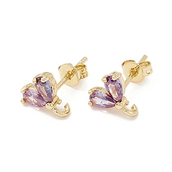 Plum Rack Plating Brass Cubic Zirconia Stud Earrings Findings, Real 18K Gold Plated, with Loop, Cadmium Free & Lead Free, Heart, Plum, 9x8.5mm, Hole: 1.5mm, Pin: 1mm