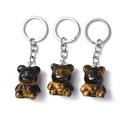 Tiger Eye Natural Tiger Eye Pendant Keychains, with Iron Keychain Clasps, Bear, 8cm