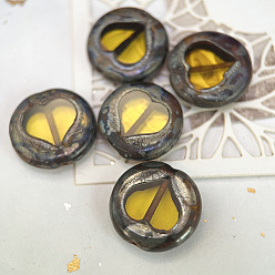 Gold Czech Glass Beads, Flat Round with Heart, Gold, 17mm