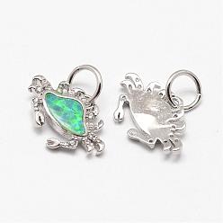 Green Brass Micro Pave Cubic Zirconia Charms, with Synthetic Opal, Crab, Platinum, Green, 10x15x2mm, Hole: 4.5mm