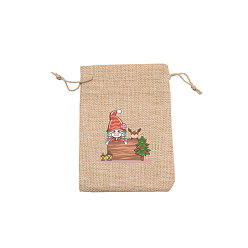 Gnome Rectangle Christmas Themed Burlap Drawstring Gift Bags, Gift Pouches for Christmas Party Supplies, BurlyWood, Gnome, 14x10cm