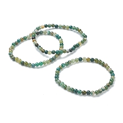 Moss Agate Natural Moss Agate Beaded Stretch Bracelets, Round, Beads: 4~5mm, Inner Diameter: 2-1/4 inch(5.65cm)