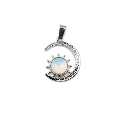 Opalite Opalite Pendants, Antique Silver Plated Alloy Moon with Sun Charms, 28x22mm