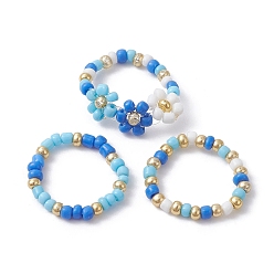 Blue 3Pcs 3 Style Glass Seed Beaded Stretch Rings Set, Flower Stackable Rings, Blue, US Size 7 1/4(17.5mm), 1Pc/style