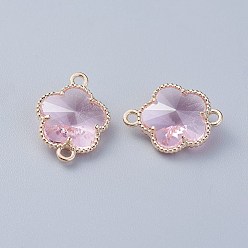 Pink Glass Links connectors, with Eco-Friendly Alloy Open Back Berzel Findings, Flower, Light Gold, Pink, 15.5x12x5mm, Hole: 1.4mm
