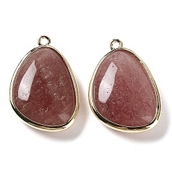 Strawberry Quartz Natural Strawberry Quartz Pendants, with Golden Plated Brass Edge Loops, Faceted, Triangle, 27x18x7.5mm, Hole: 1.6mm
