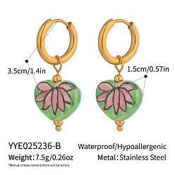 Зеленый Серьги-кольца из нержавеющей стали и керамики в форме сердца, реальный 18 k позолоченный, зелёные, 35x15 мм