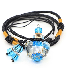 Dodger Blue Baroque Style Heart Handmade Lampwork Perfume Essence Bottle Pendant Necklace, Adjustable Braided Cord Necklace, Sweater Necklace for Women, Dodger Blue, Bottle: 40x22mm