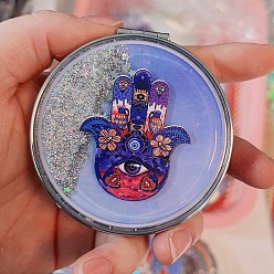 Hamsa Hand Sequin Quicksand Plastic Foldable Mirrors, with Glass Mirror Surface, Round Compact Pocket Mirror for Wiccan, Hamsa Hand, 7cm