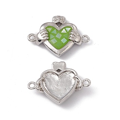 Зеленый лайм Подвески из натуральных ракушек, сердце соединяется с руками, окрашенные, с стеллаж металлизированный платины тон выводов латуни, долговечный, зеленый лайм, 16x21.5x4.5 мм, отверстие : 1.4 мм
