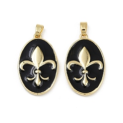 Черный Латунь эмаль подвески, овал с подвеской в виде геральдической лилии, без свинца и без кадмия, долговечный, стойки покрытие, реальный 18 k позолоченный, чёрные, 26.5x16x3 мм, отверстие : 5x3 мм