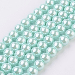 Pale Turquoise Eco-Friendly Glass Pearl Beads Strands, Grade A, Round, Dyed, Cotton Cord Threaded, Pale Turquoise, 8mm, Hole: 1.2~1.5mm, about 52pcs/strand, 15.7 inch