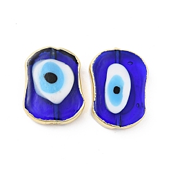 Blue Rack Plating Handmade Evil Eye Lampwork Beads, with Brass Findings, Long-Lasting Plated, Oval, Blue, 25x18x5.5~6mm, Hole: 1.8mm
