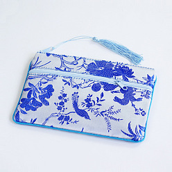 Bleu Pochettes d'emballage de bijoux en satin à motif de fleurs de style chinois, sacs cadeaux avec fermeture éclair et breloque pompon, rectangle, bleu, 11x17.5 cm