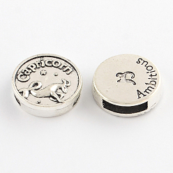 Capricorn Antique Silver Plated Tibetan Style Flat Round Alloy Slide Charms, with Constellation/Zodiac Sign, Cadmium Free & Lead Free, Capricorn, 17~18x5mm, Hole: 11x3mm, about 282pcs/1000g