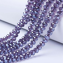 Slate Blue Electroplate Glass Beads Strands, Pearl Luster Plated, Faceted, Rondelle, Slate Blue, 10x8mm, Hole: 1mm, about 65~66pcs/strand, 20.8~21.2 inch(53~54cm)