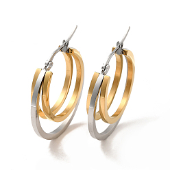 Golden & Stainless Steel Color Two Tone 304 Stainless Steel Triple Circle Hoop Earrings for Women, Golden & Stainless Steel Color, 33x32x6mm, Pin: 1x0.6mm
