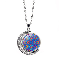 Deep Sky Blue Glass Moon with Mandala Flower Pendant Necklace, Stainless Steel Jewelry for Women, Deep Sky Blue, 17.72 inch(45cm)