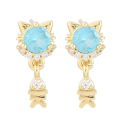 Небесно-голубой Латунь микро проложить кубический цирконий болтаться серьги стержня, форма кошки с рыбьей костью, долговечный, стойки покрытие, без свинца и без кадмия, реальный 18 k позолоченный, голубой, 19x9 мм