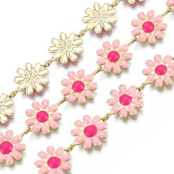 Pink Brass Flower Link Chains, with Enamel, Unwelded, Real 16K Gold Plated, Pink, 13.5~14x9.5~10x1mm