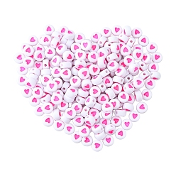 Hot Pink Opaque Acrylic Beads, with Enamel, Flat Round with Heart, Hot Pink, 7x3.5mm, Hole: 1.2mm